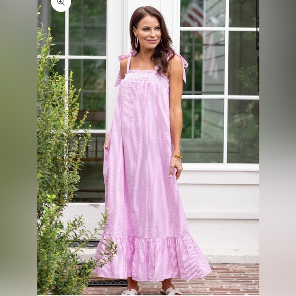 Avara Pink and White Striped Seersucker Dress sz M - Picture 1 of 6